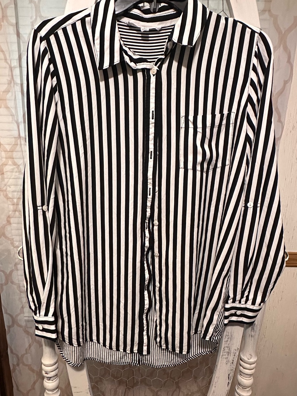 Jane and Delancey Black and White Vertical Stripe Button-Down Shirt